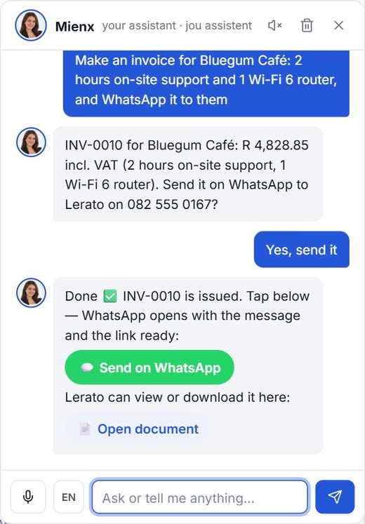 A conversation with Mienx: she makes an invoice, reads it back and sends it on WhatsApp after the user says yes