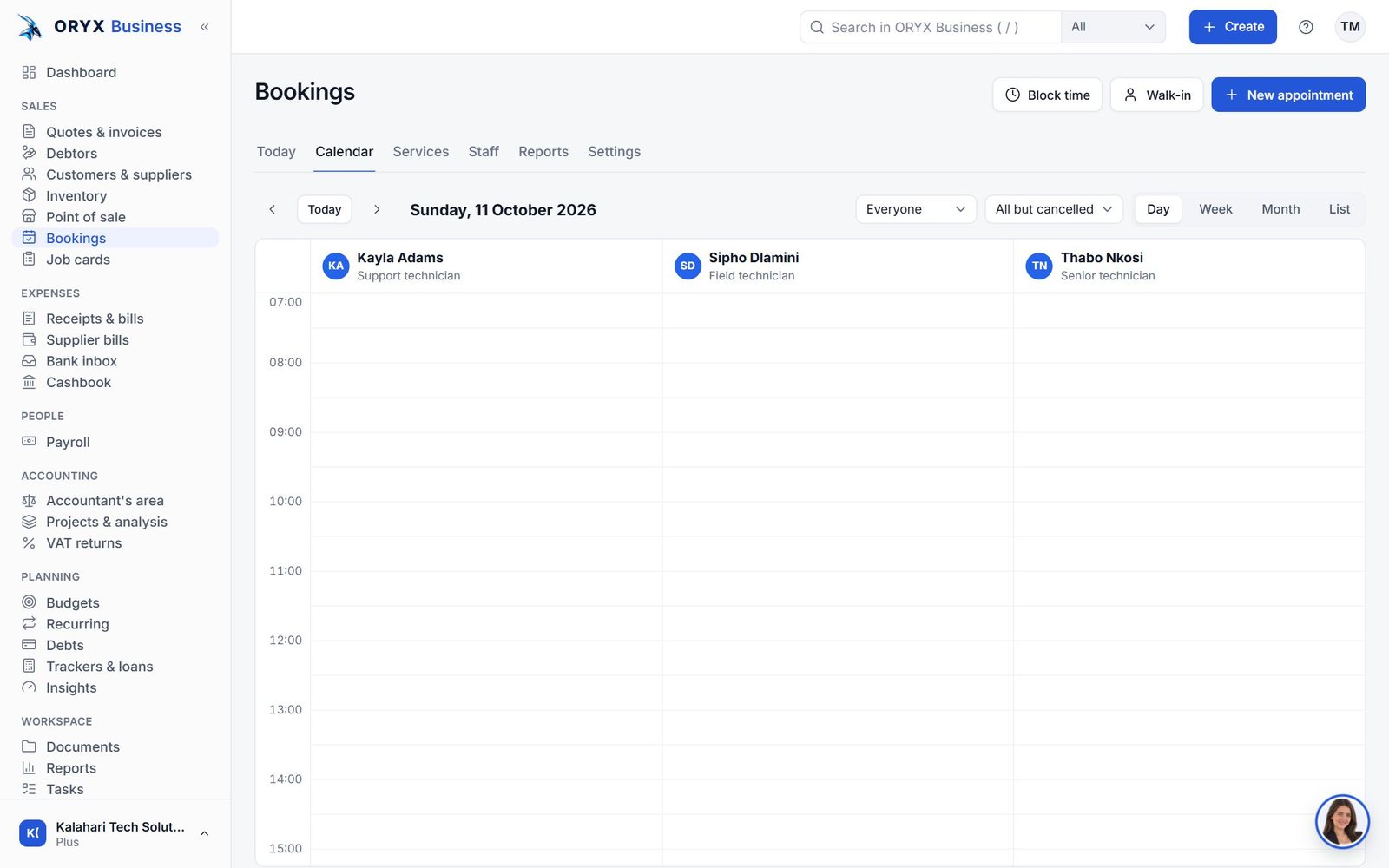 Bookings & jobs in ORYX Business (demo company)