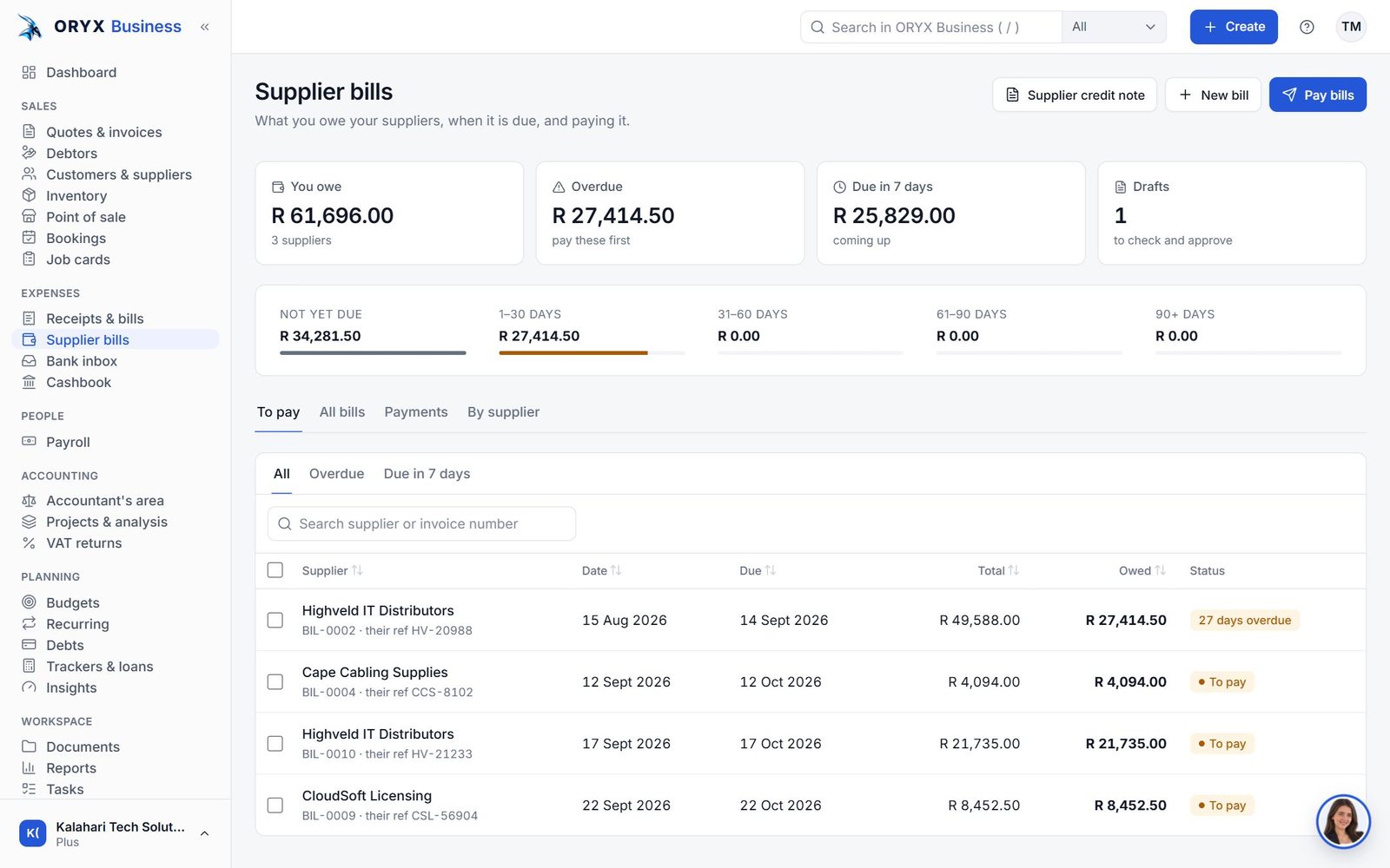 Bills & bank in ORYX Business (demo company)
