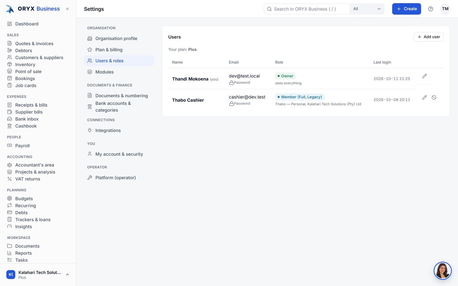 Control in ORYX Business (demo company)