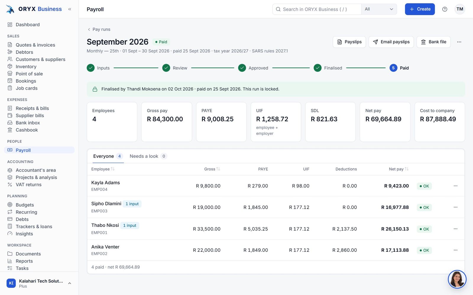 Payroll in ORYX Business (demo company)