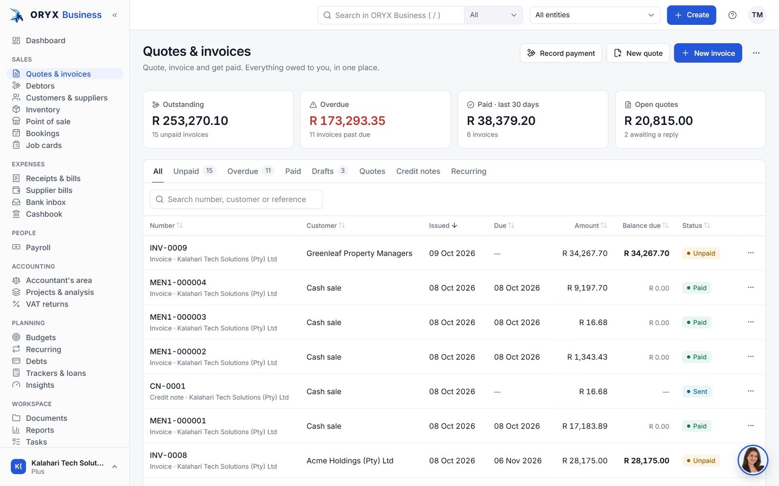 Sell & get paid in ORYX Business (demo company)