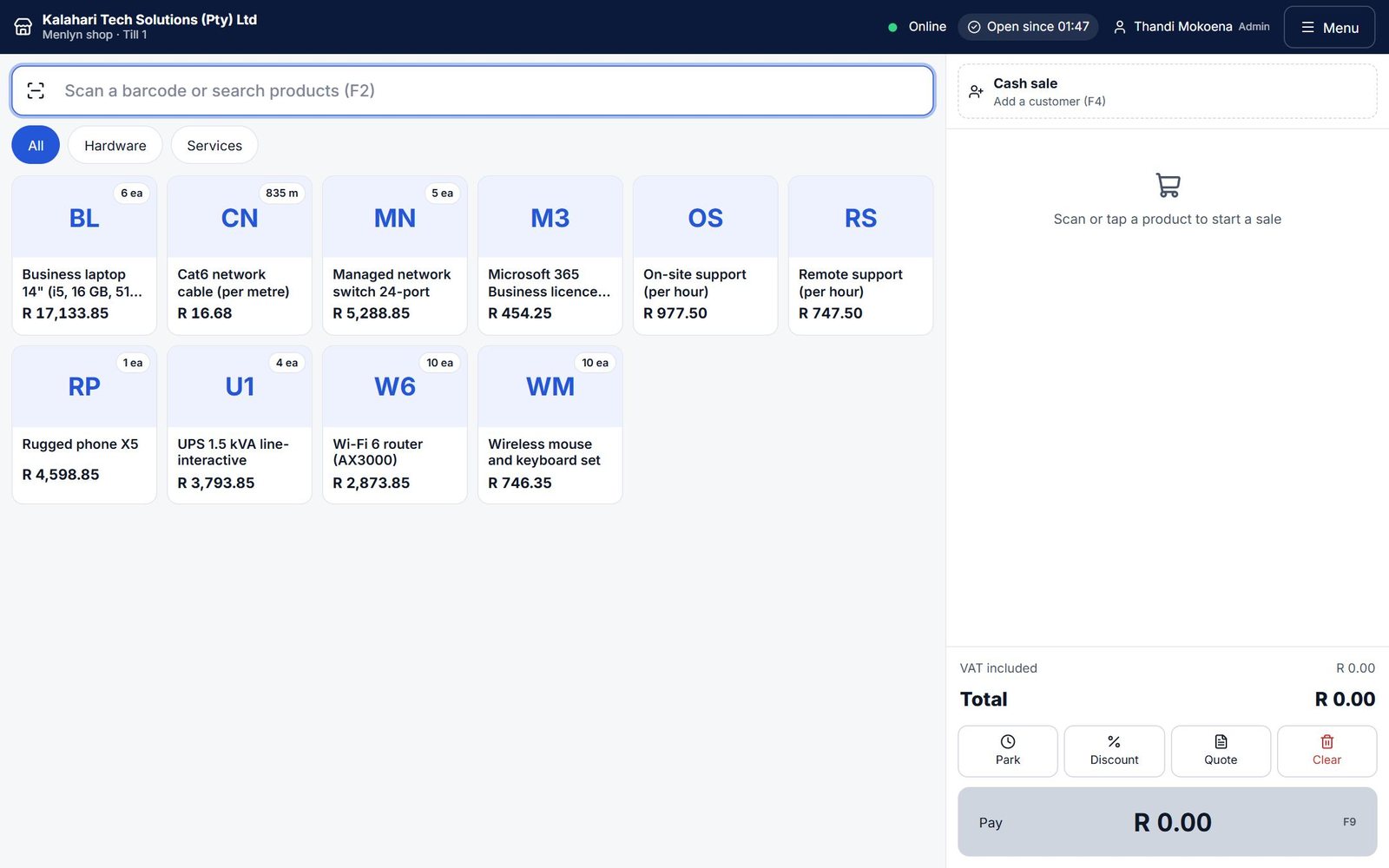 Stock & the till in ORYX Business (demo company)